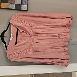 Pale Sky Salmon/Light Pink shirt with cute neckline tassels- XL
